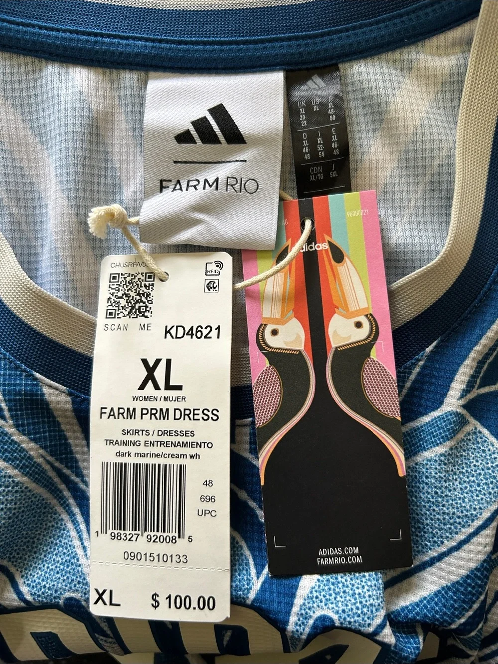 adidas x Farm Rio Floral Blue Printed Sleeveless Maxi Dress Toucans NWT Sz XL - Picture 8 of 13